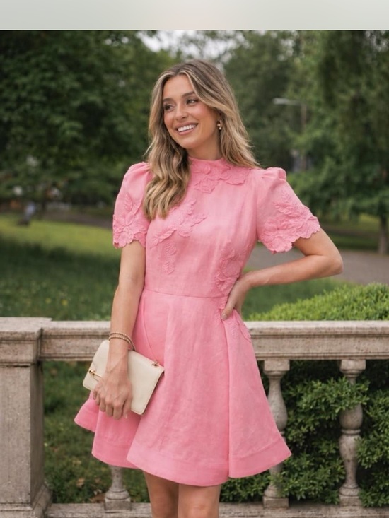 ANTONIO MELANI Dresses & Skirts - Pink Lace-Appliqué Mini Dress with Scalloped Sleeves